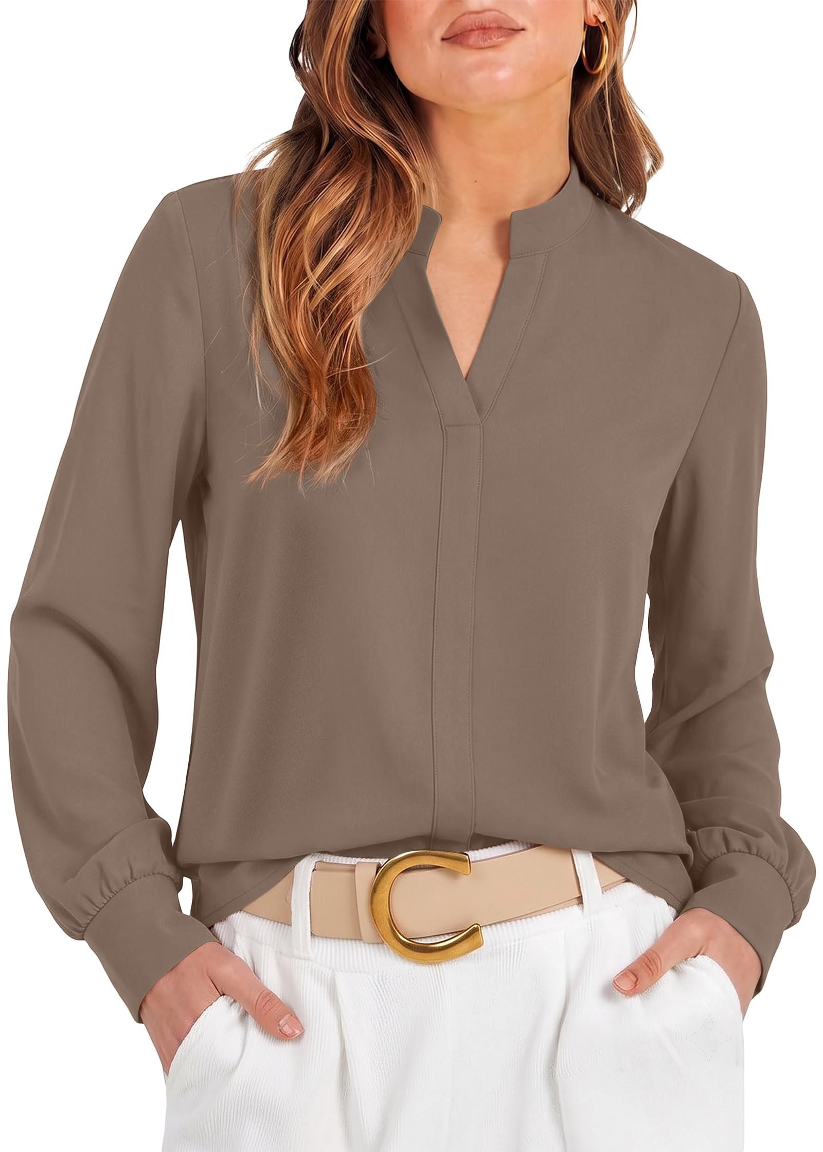OFEEFAN Long-Sleeve Notch-Neck Blouse