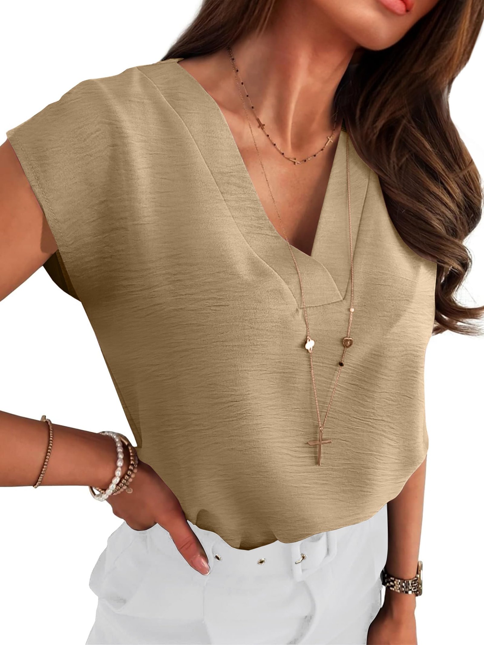 ANRABESS Cap-Sleeve V-Neck Blouse