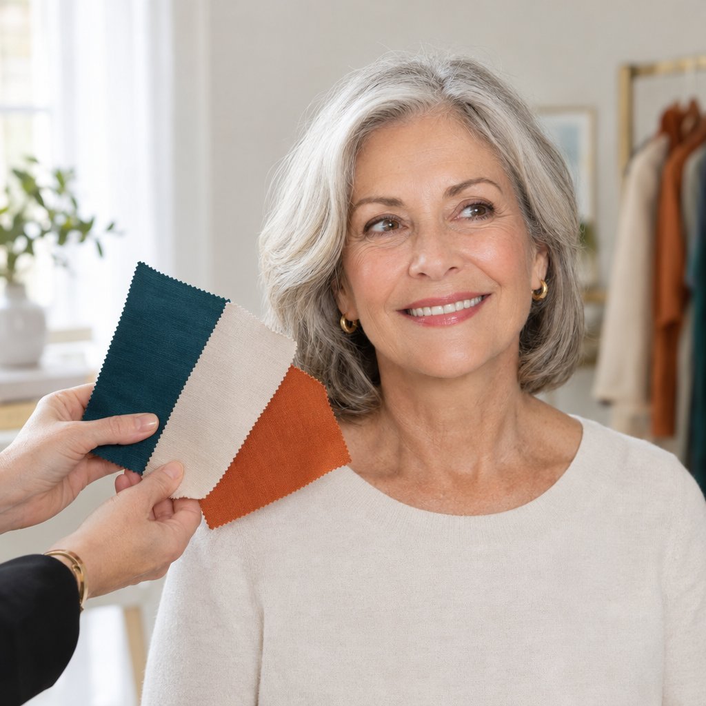 A woman in her 60s compares colorful fabric swatches beside her face.