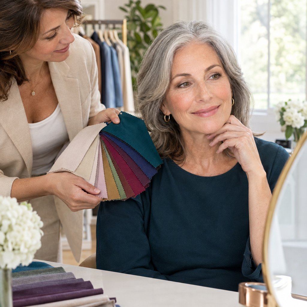 A woman over 50 compares colorful fabric swatches beside a mirror with the help of a stylist.