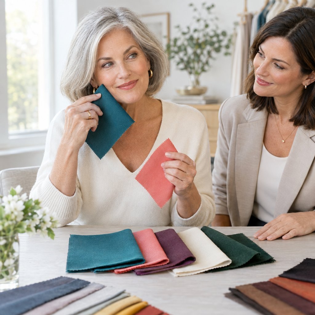 A woman compares colorful fabric swatches near her face with a consultant.