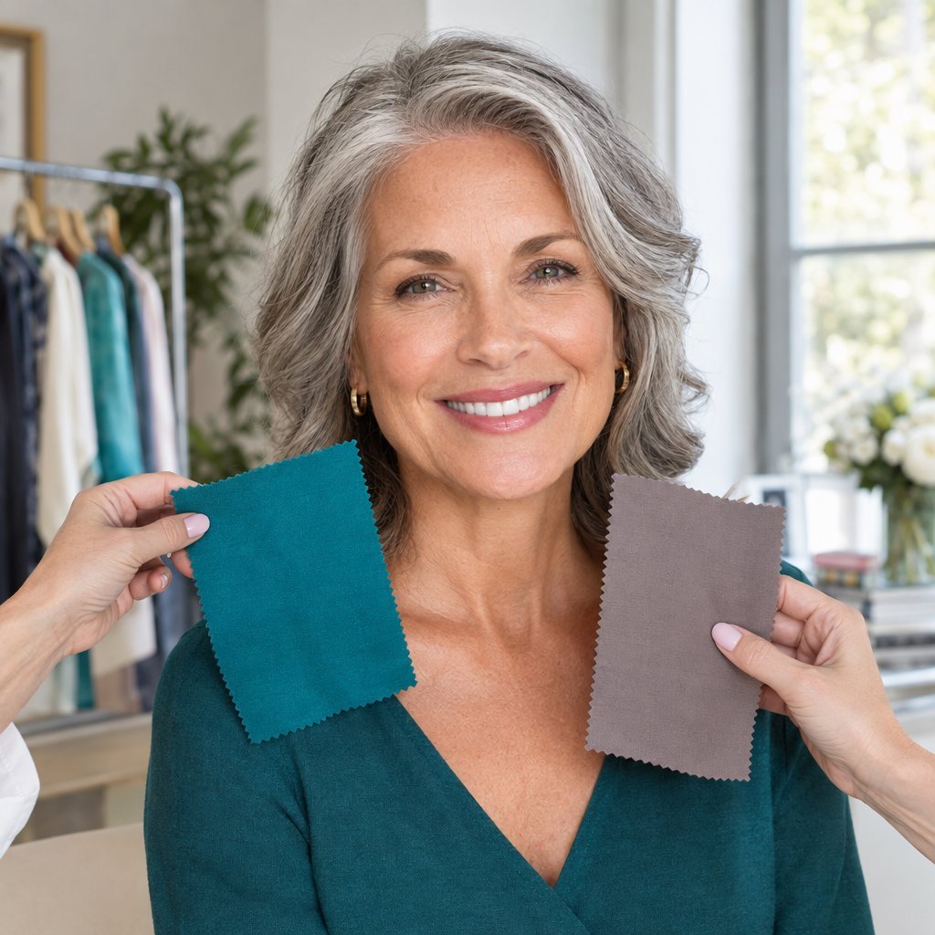 A woman compares colorful fabric swatches beside her face.
