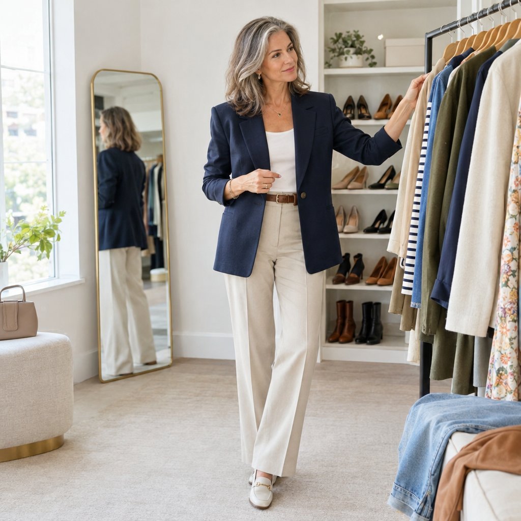 A woman chooses clothes in a wardrobe while wearing a neatly coordinated outfit.