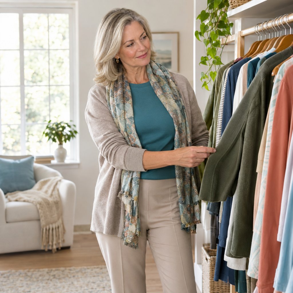 A woman choosing a coordinated everyday outfit beside a clothing rack.