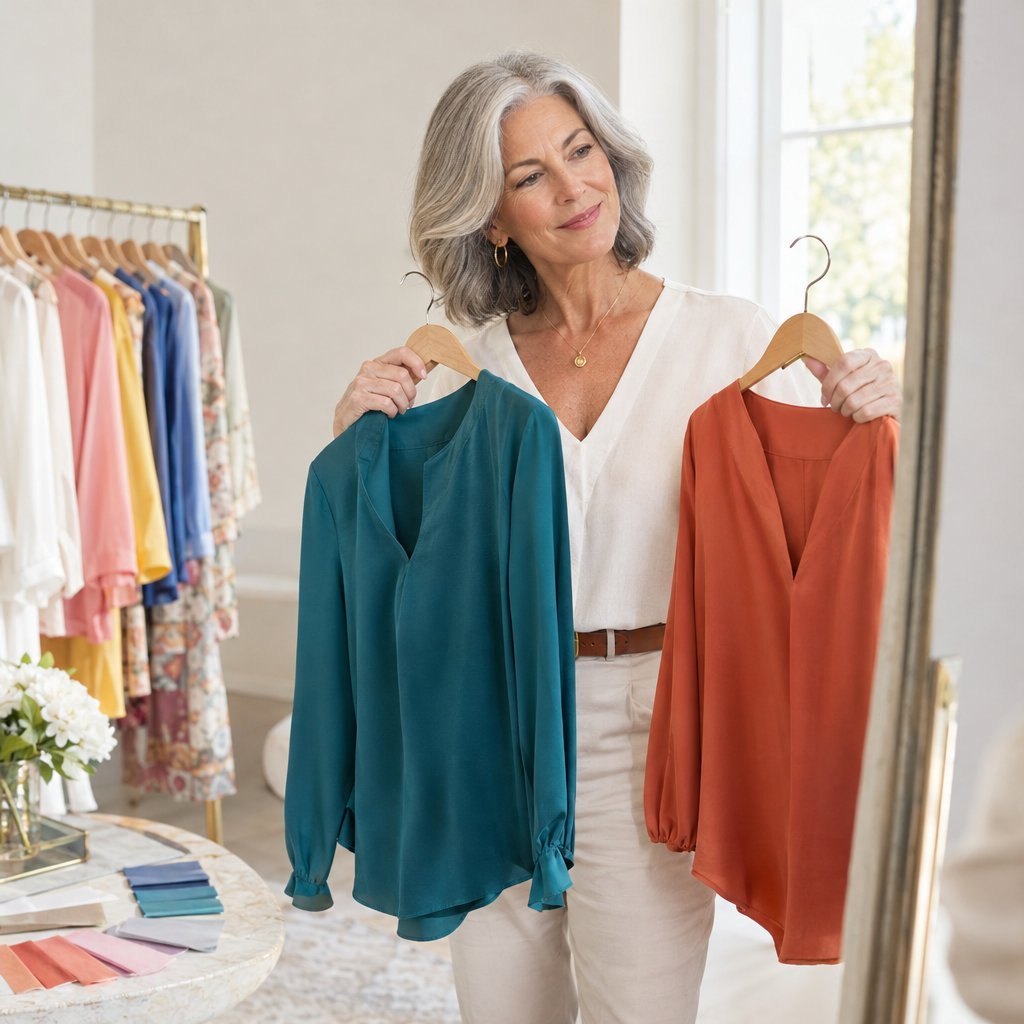 A woman compares two colorful garments beside a mirror in her dressing room.