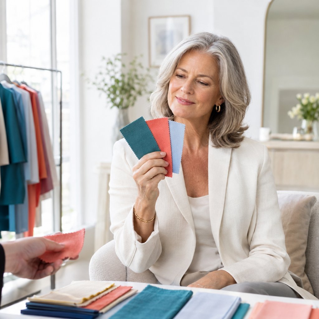 A woman compares colorful fabric swatches beside her face.