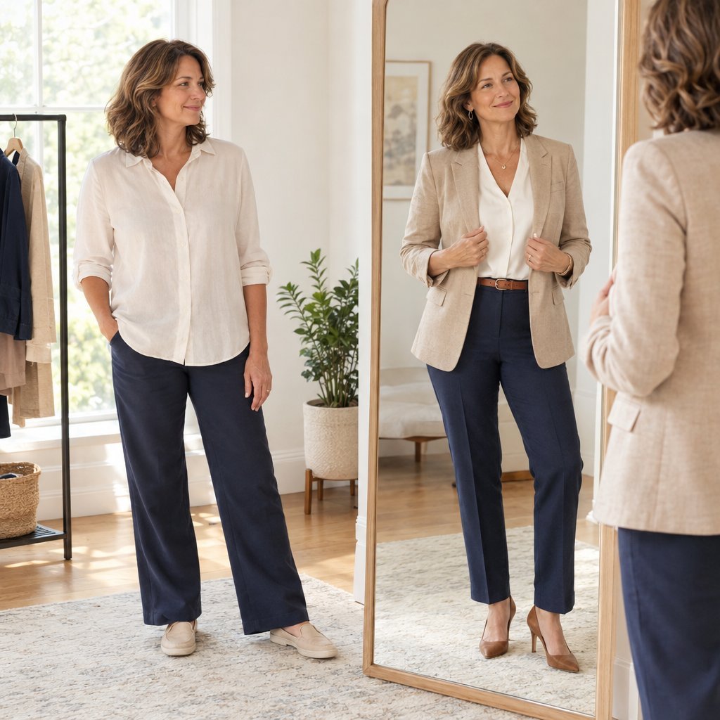 A woman compares two similar outfits beside a full-length mirror.
