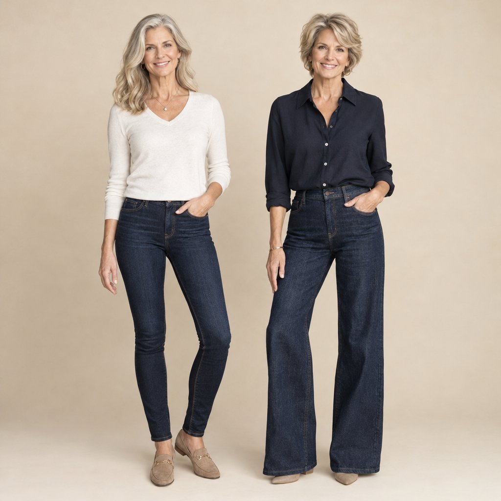 Two women stand side by side wearing skinny jeans and wide-leg jeans.