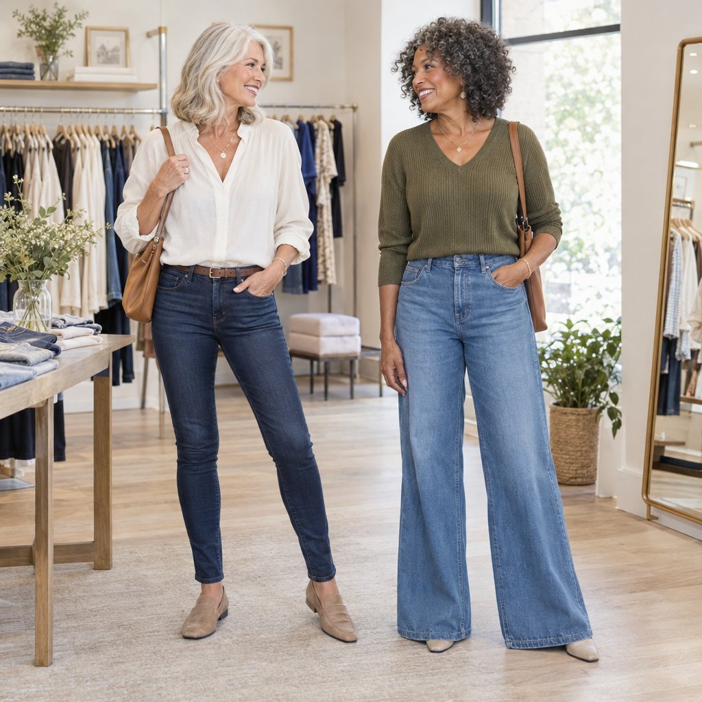 Two women compare skinny jeans and wide-leg jeans in a clothing boutique.