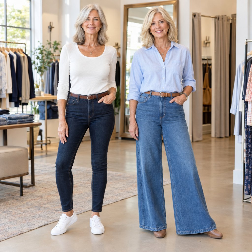 Two women stand side by side in a boutique wearing different styles of jeans.