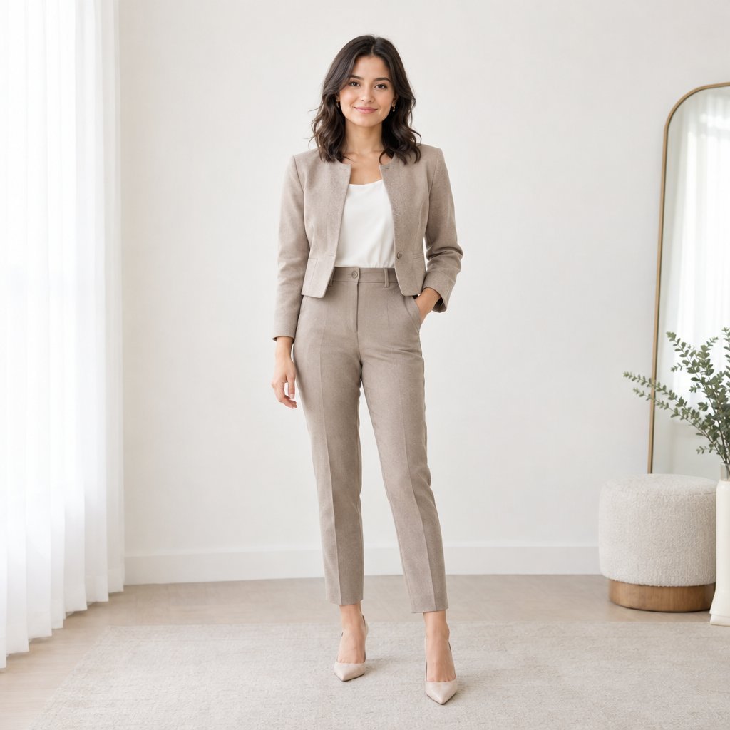 A woman stands in a bright room wearing a tucked blouse, tailored trousers, a short jacket, and pointed-toe shoes.