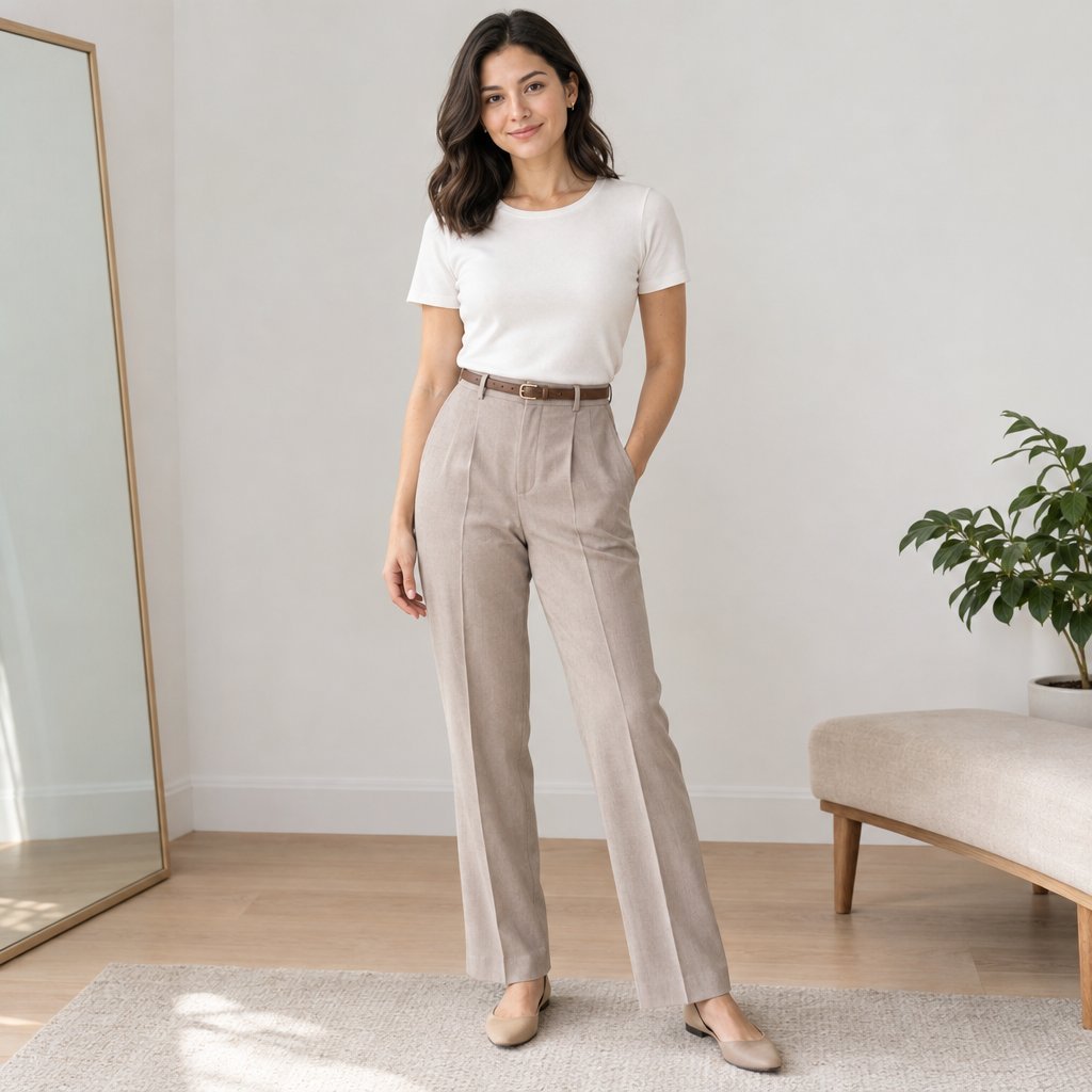 A petite woman in high-waisted trousers and a tucked-in top stands in a dressing room.