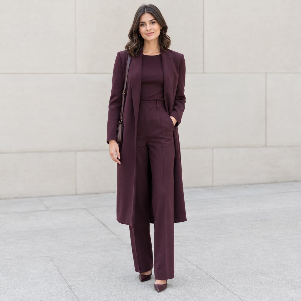 A petite woman stands in a coordinated outfit with a long jacket and tailored trousers.