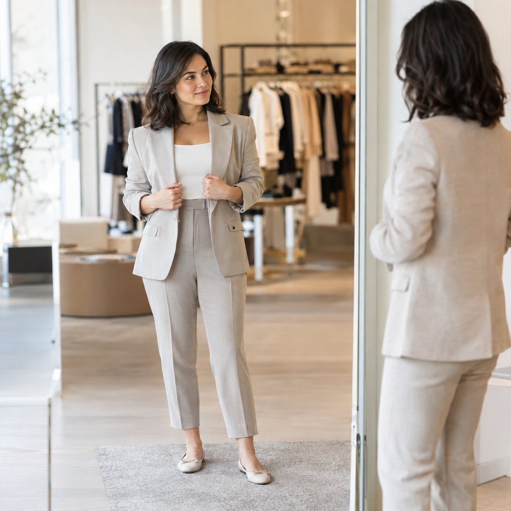 A woman tries on a tailored outfit in front of a full-length mirror.