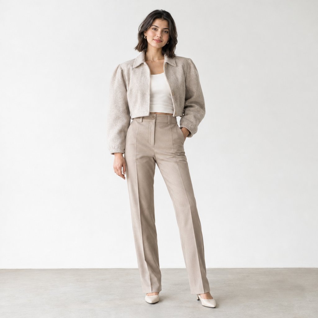 A petite woman wears a cropped jacket and high-waisted trousers.