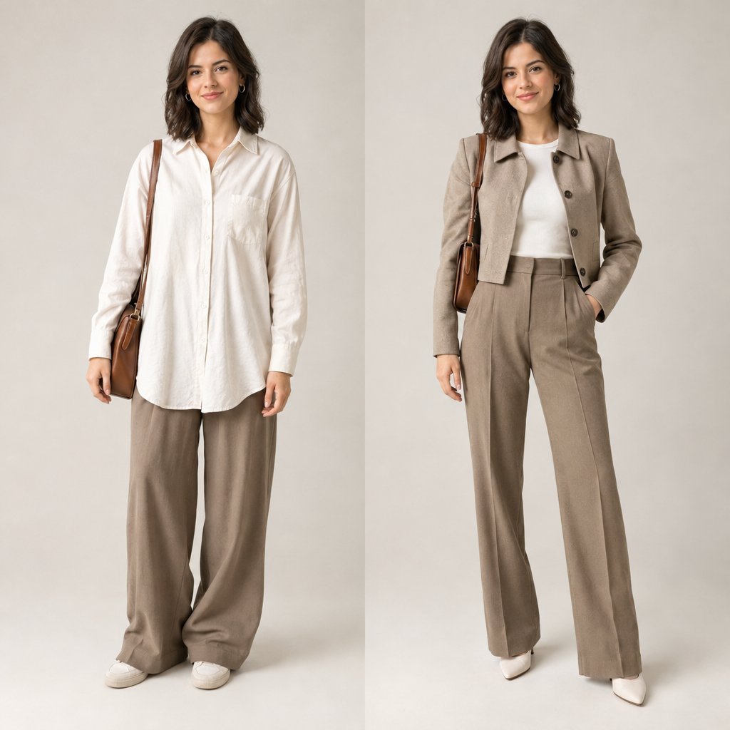 A woman stands in two outfits with different proportions.