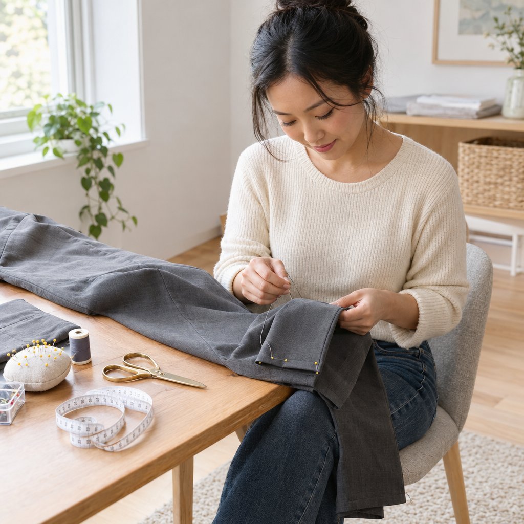 A petite woman hand-sews a folded trouser hem at home.