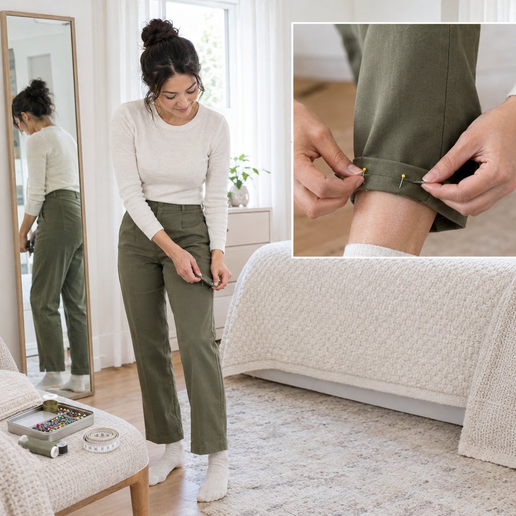 A woman folds and pins the hem of her trousers at home.