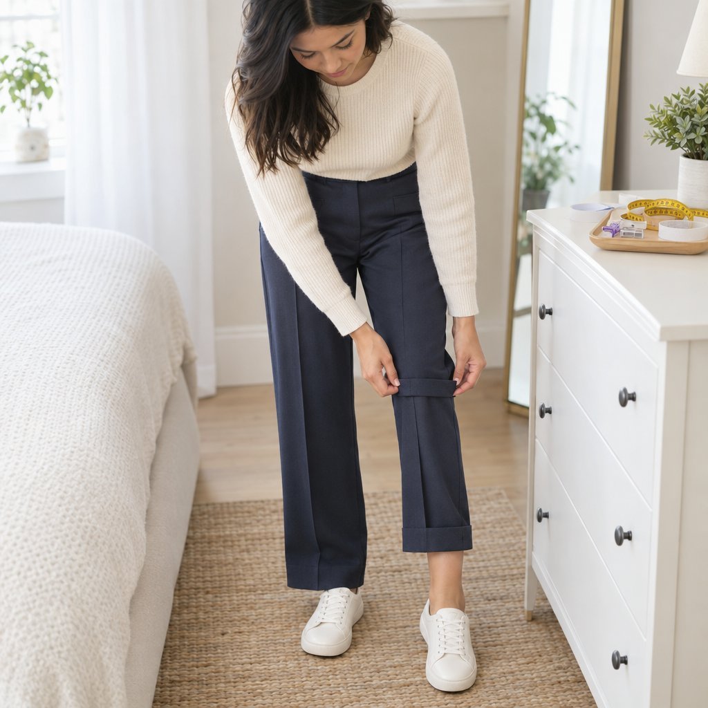 A woman adjusts the folded hem of her trousers.