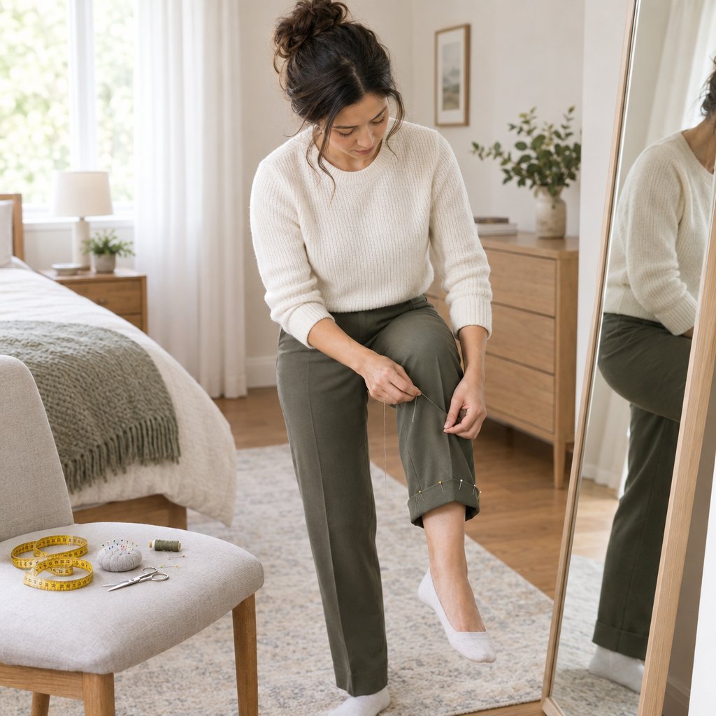 A woman hand-sews the folded hem of her trousers at home.