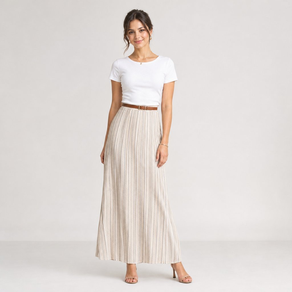 A petite woman stands wearing a long skirt and a tucked-in top.