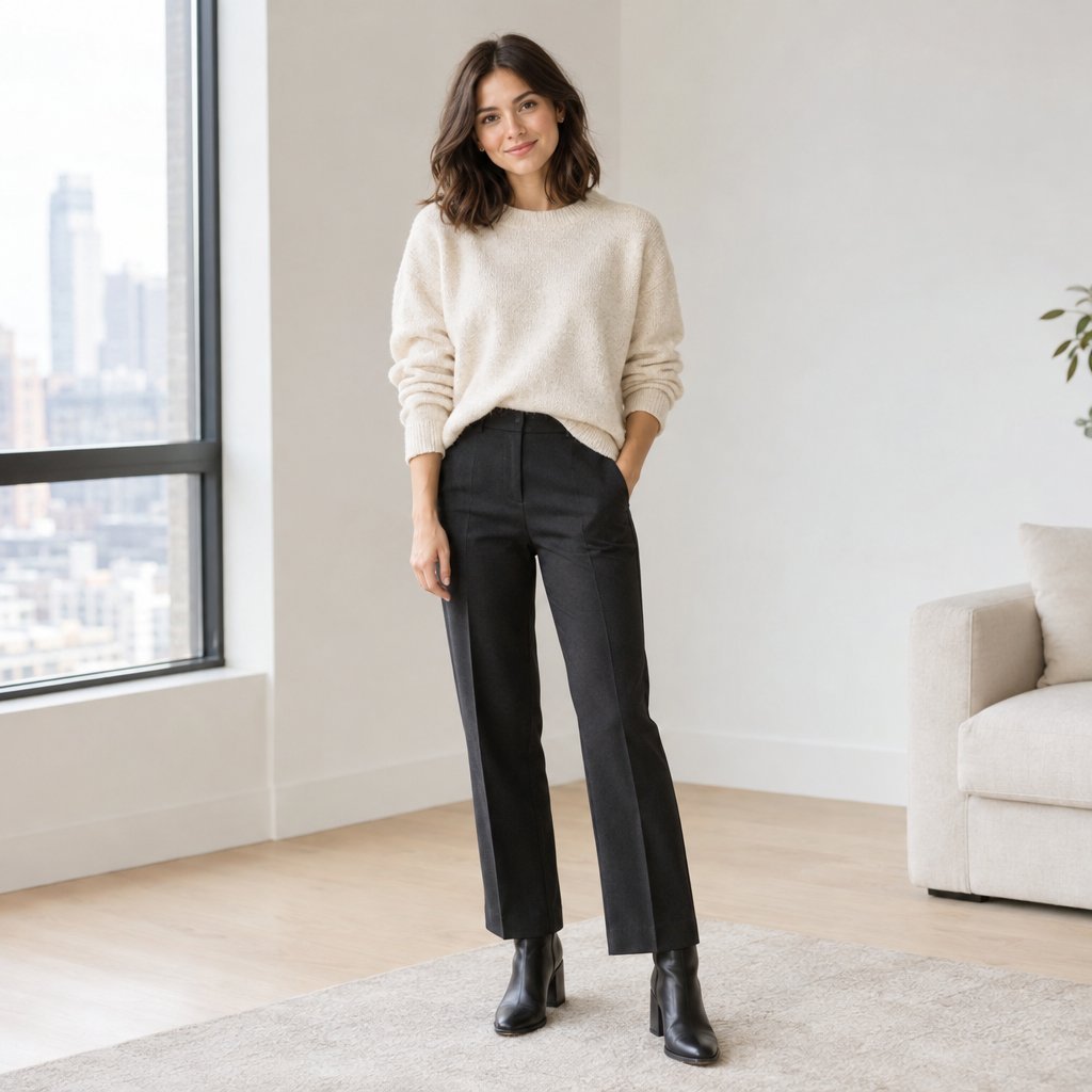 A petite woman wearing an oversized sweater with high-waisted trousers.