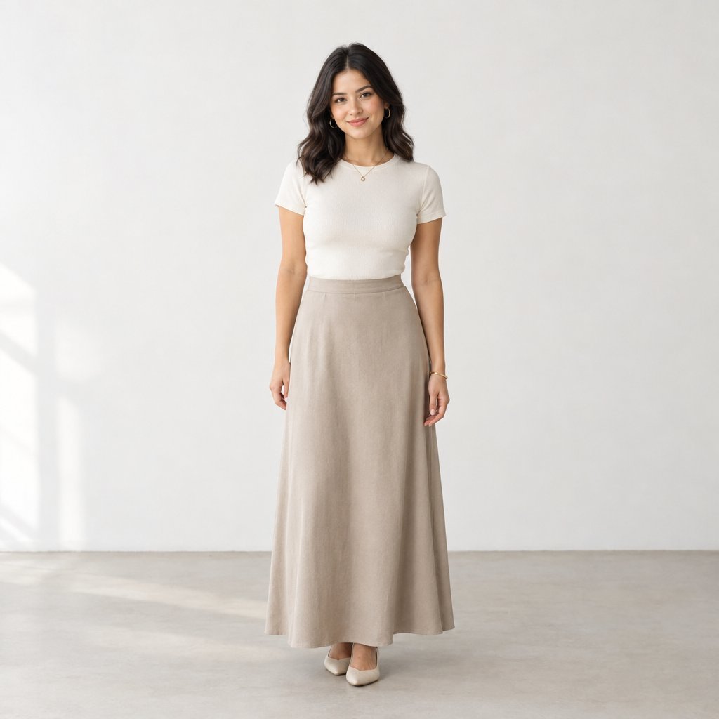 A petite woman wearing a high-waisted maxi skirt that ends just above the floor.