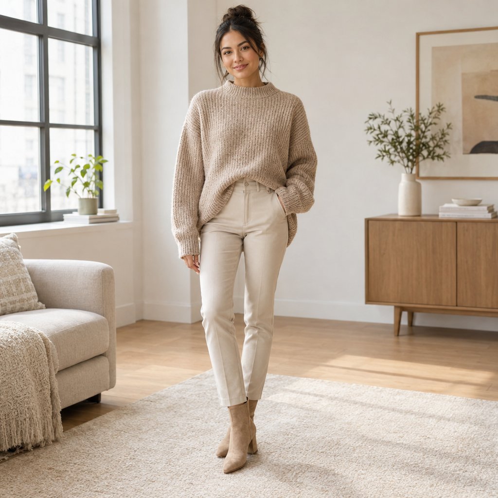A petite woman wears an oversized sweater with slim trousers.