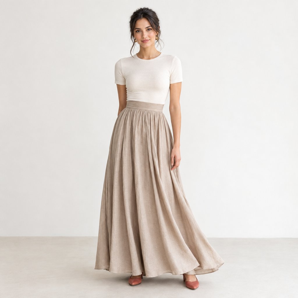 A woman wears a fitted top with a flowing maxi skirt.