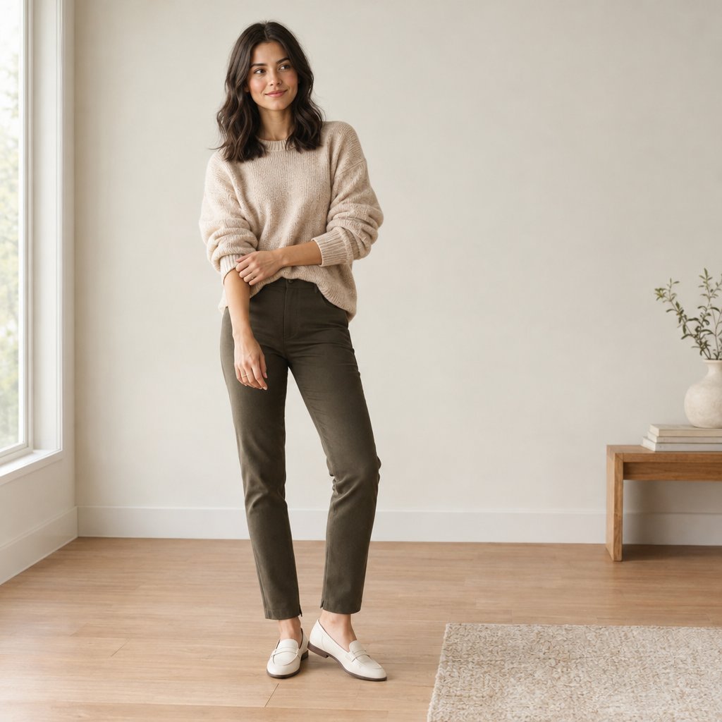A petite woman wearing an oversized sweater and fitted trousers.