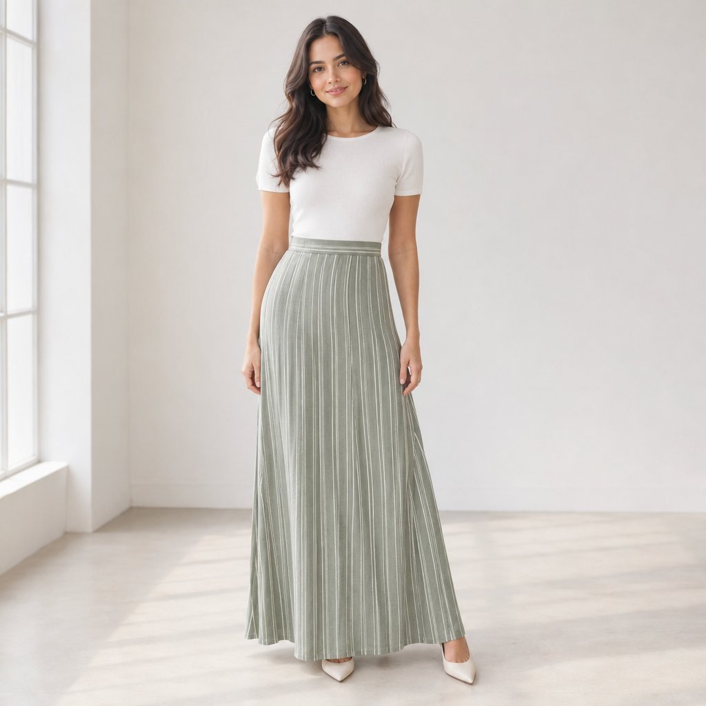 A petite woman wears a high-waisted maxi skirt with a tucked-in top and pointed shoes.