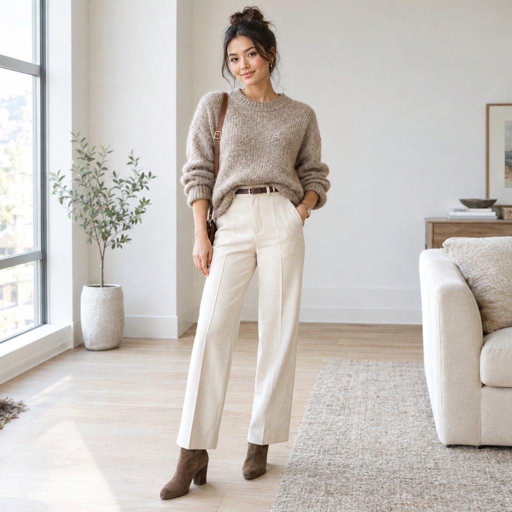 A petite woman wearing an oversized sweater tucked into high-waisted trousers.