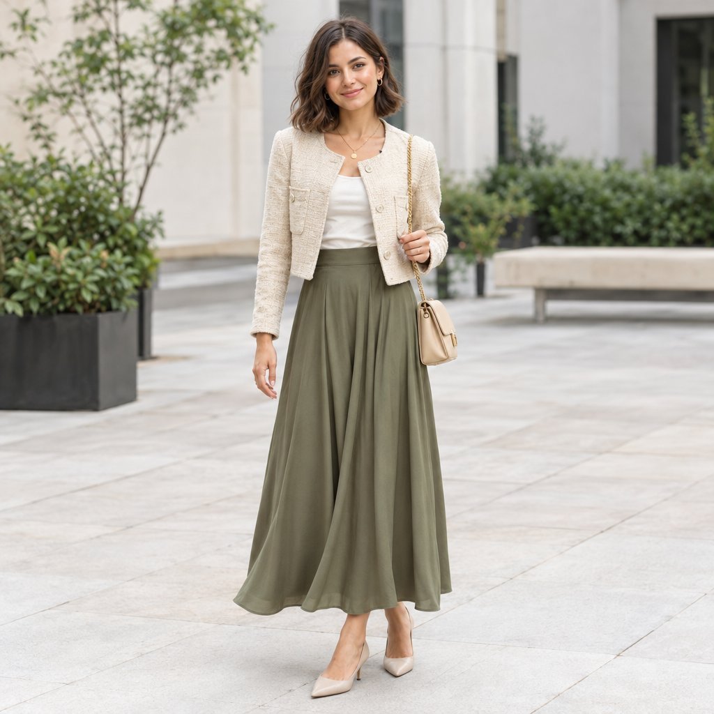 A petite woman wears a long skirt with a tucked-in top and pointed shoes.