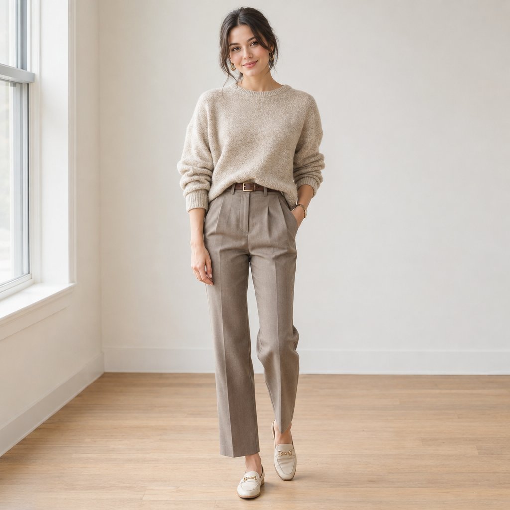 A woman stands in a room wearing a sweater and trousers.