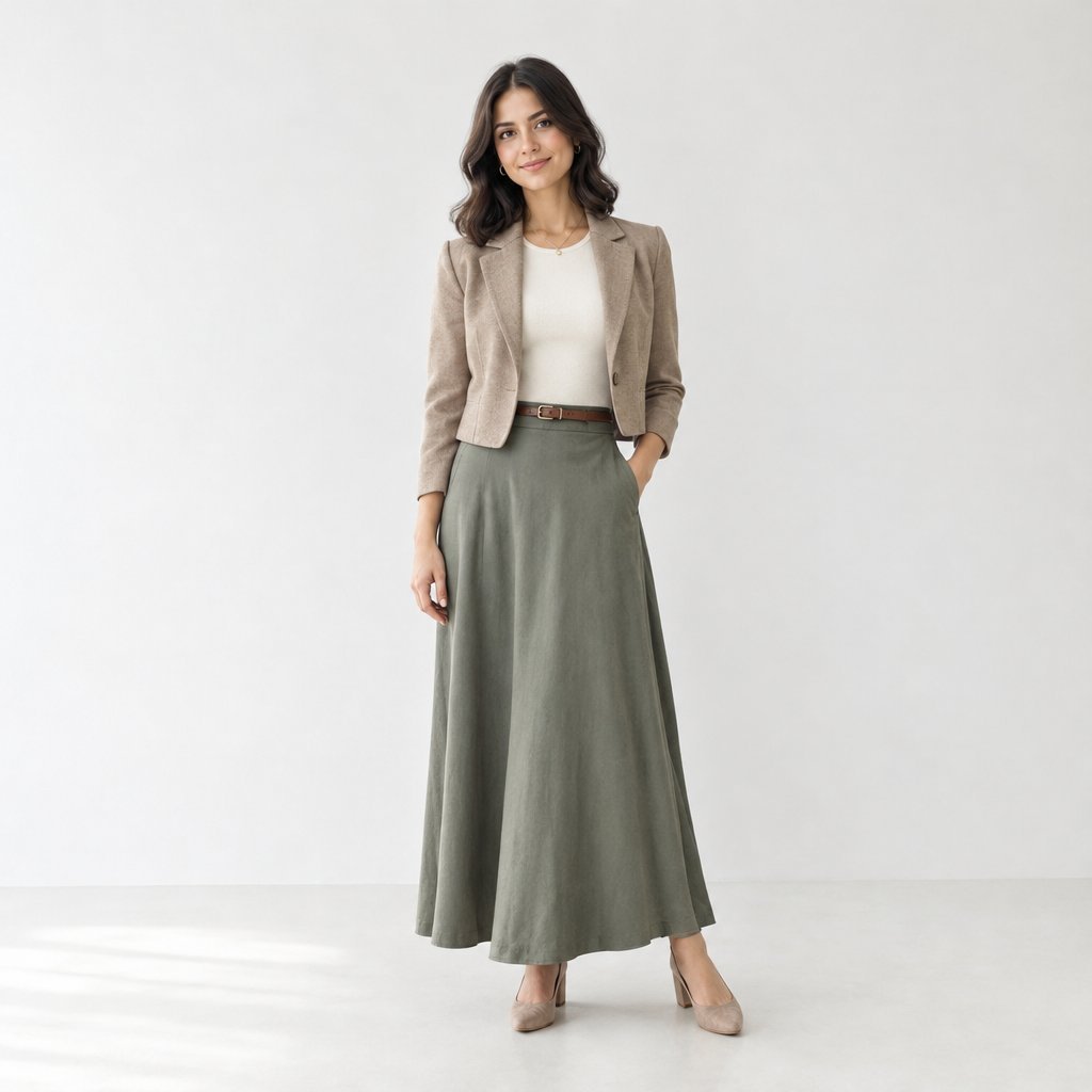 A petite woman stands wearing a long skirt, fitted top, short jacket, and belt.