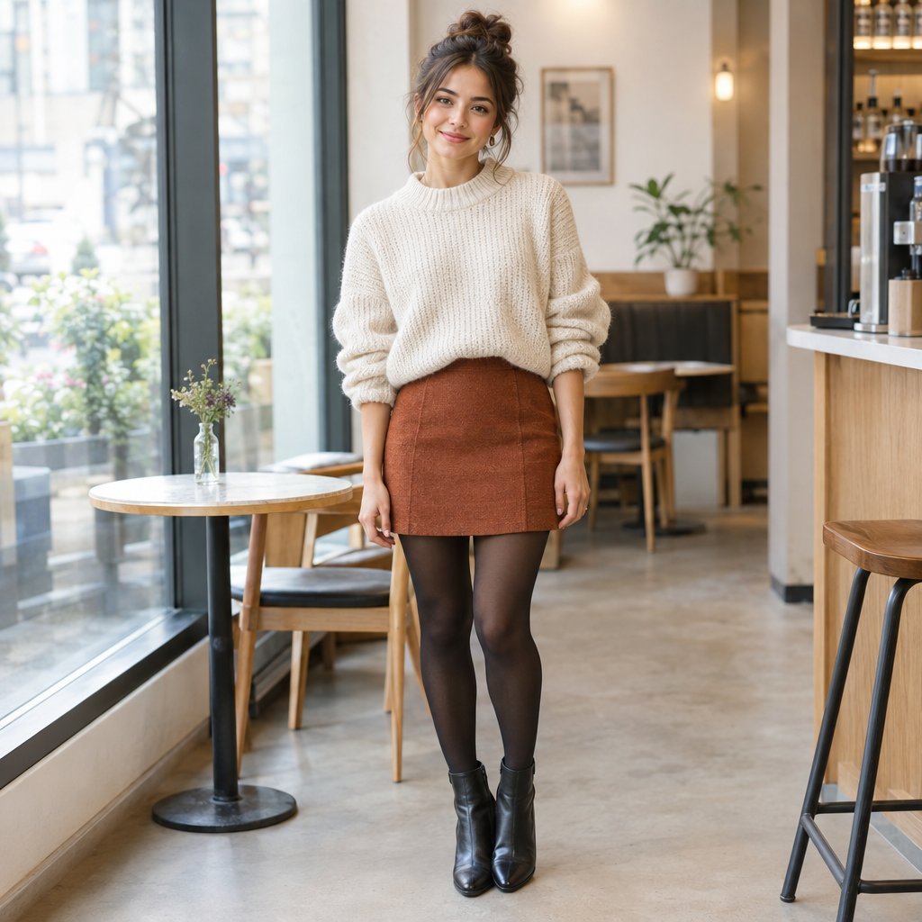 A petite woman in an oversized sweater, skirt, tights, and ankle boots stands beside a café window.