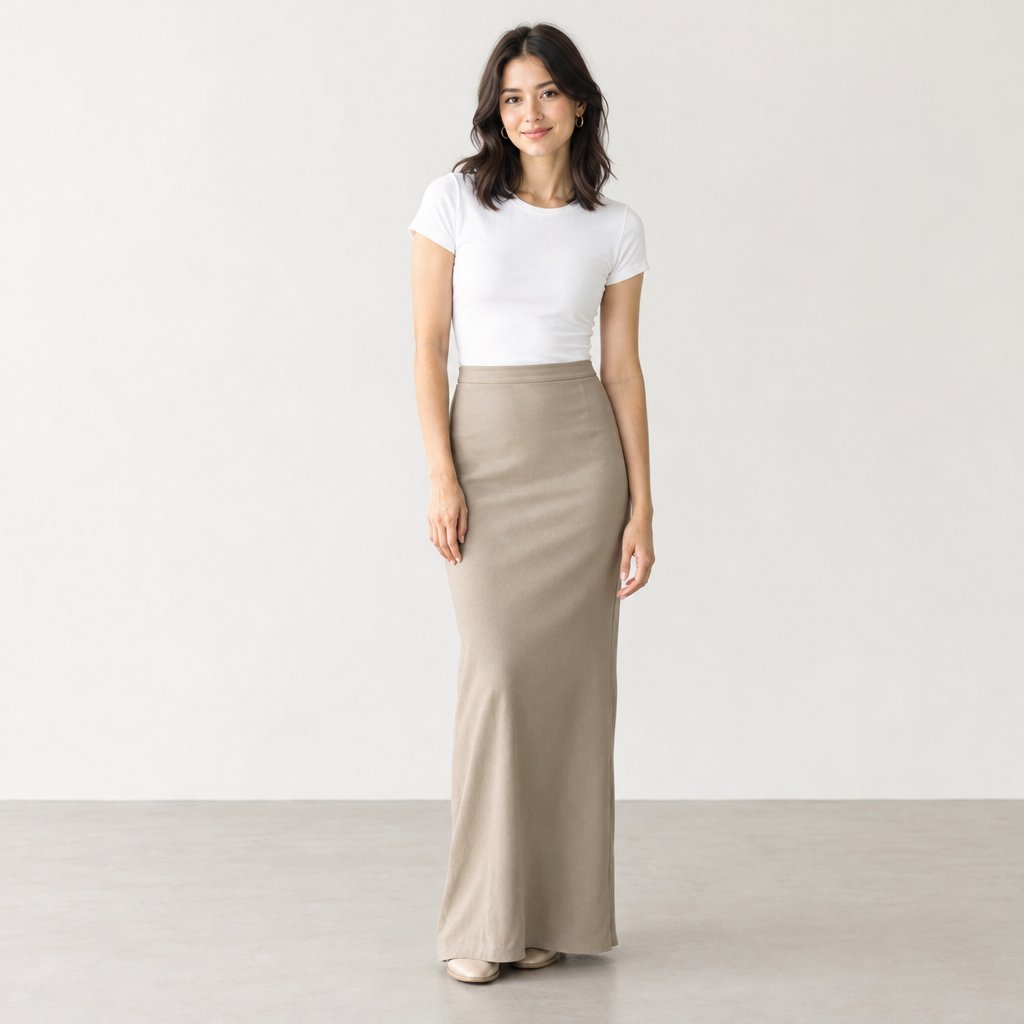 A petite woman wearing a long skirt and fitted top.